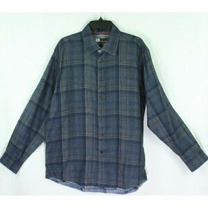 Equilibrio Button Front Shirt Plaid Blue Cotton Men's XL Roll Tab Long Sleeves